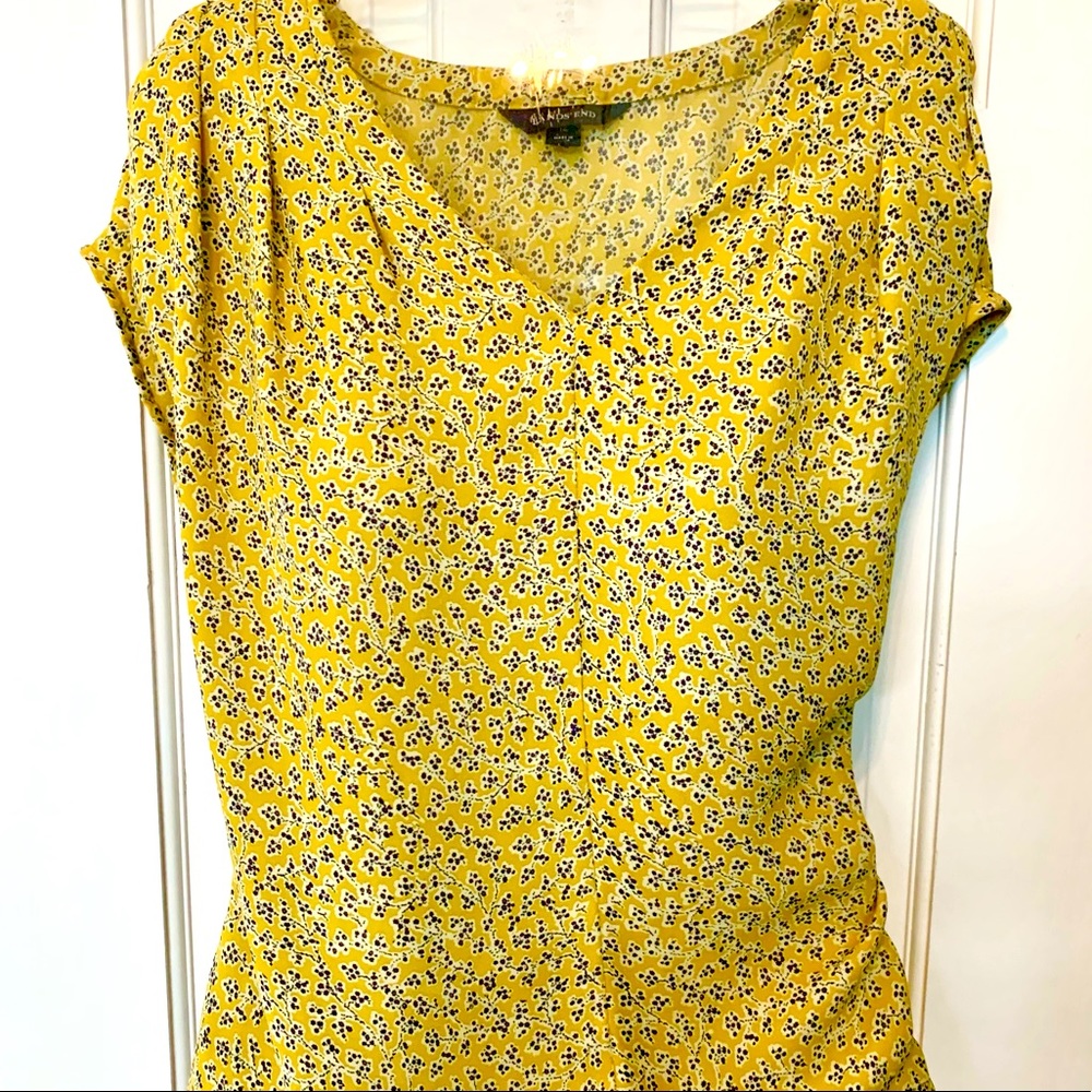 Lands End yellow floral blouse short sleeve office professional top